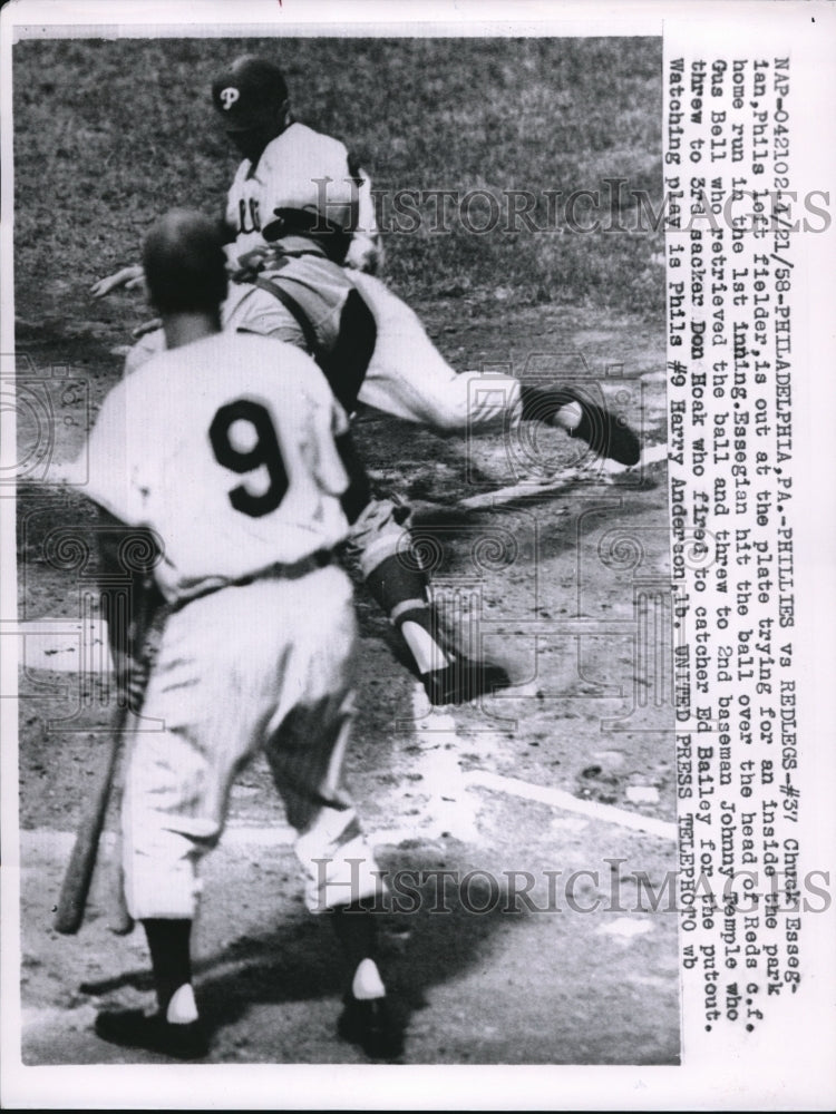 1958 Press Photo Phila, Pa Phils C Essegian out at home vs Red Sox Ed Bailey - Historic Images