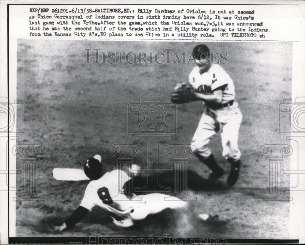 1958 Press Photo Billy Gardner, Baltimore Orioles, Chico Carrasquel, Indians - Historic Images