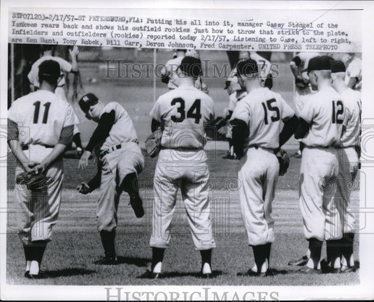 1957 Press Photo Casey Stengel, New York Yankees, Ken Hunt, Tony Kubek Bill Carr - Historic Images