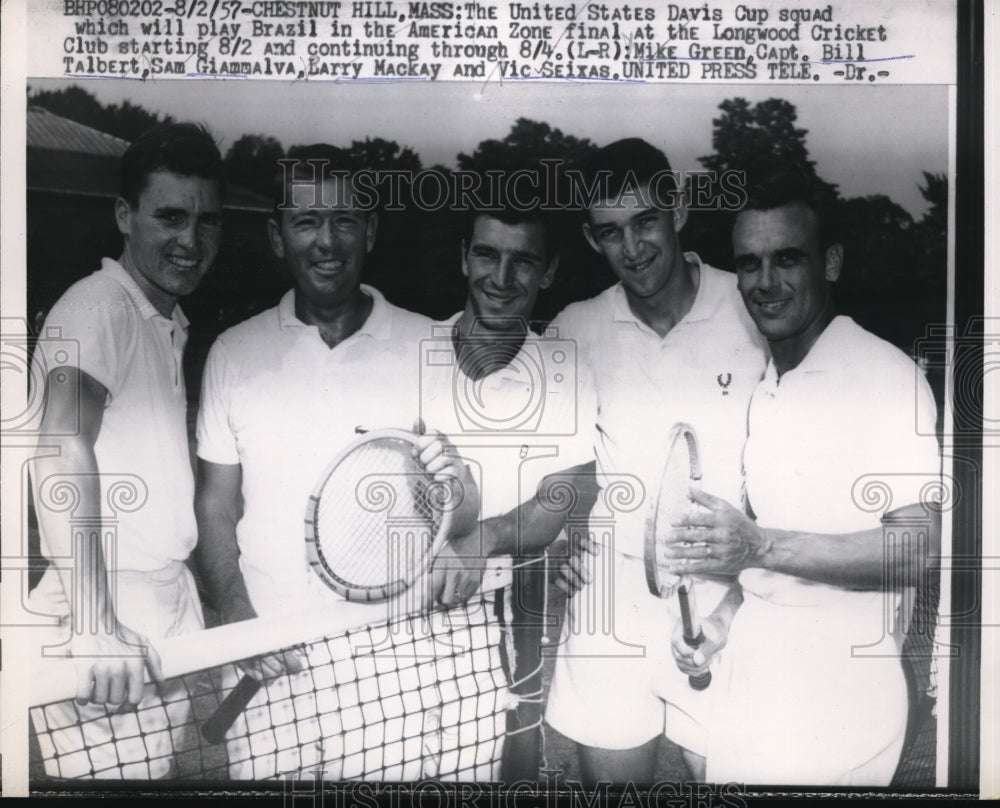 1957 Press Photo US Davis Cup Squad, Mike Green, Bill Talbert, Sam Giammalva, - Historic Images