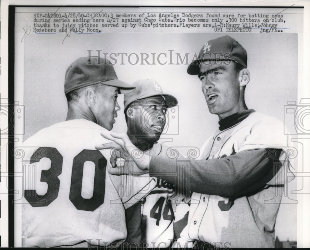 1960 Press Photo Los Angees Dodgers lMaury Wills, Johnny Roseboro and Wally Moon - Historic Images