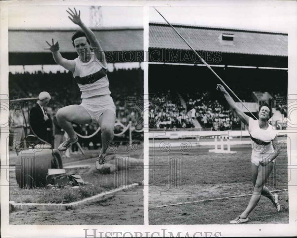 1955 Press Photo Ladies shown with javelin and broad jump at London meet - Historic Images