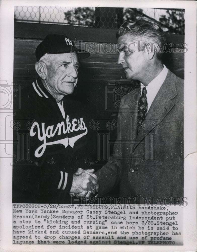 1955 Press Photo Casey Stengel and Branan Sanders Shake Hands - nes13637 - Historic Images