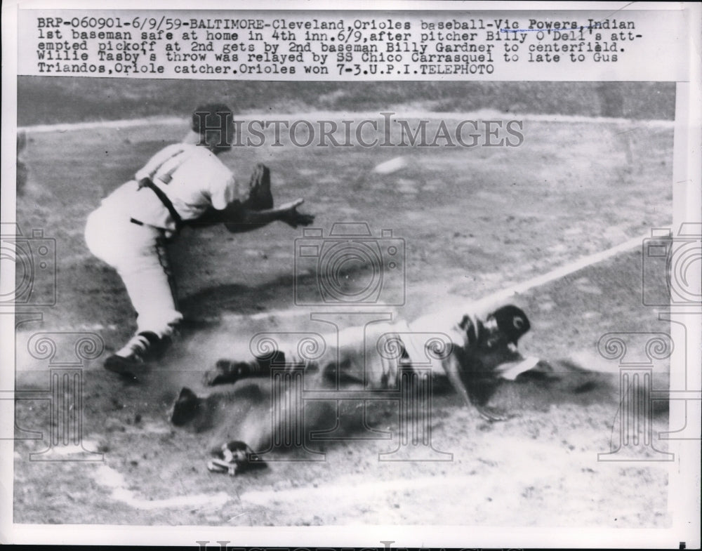 1959 Press Photo Vic Powers is safe at home as catchher Gus Triandos waits for - Historic Images