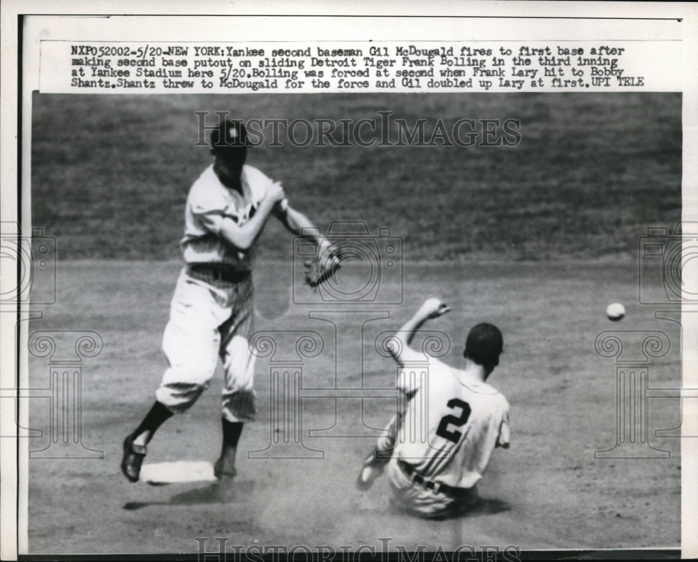 1959 Press Photo Frank Bolling Tigers Out At 2nd By Gil McDougald Yankees MLB - Historic Images