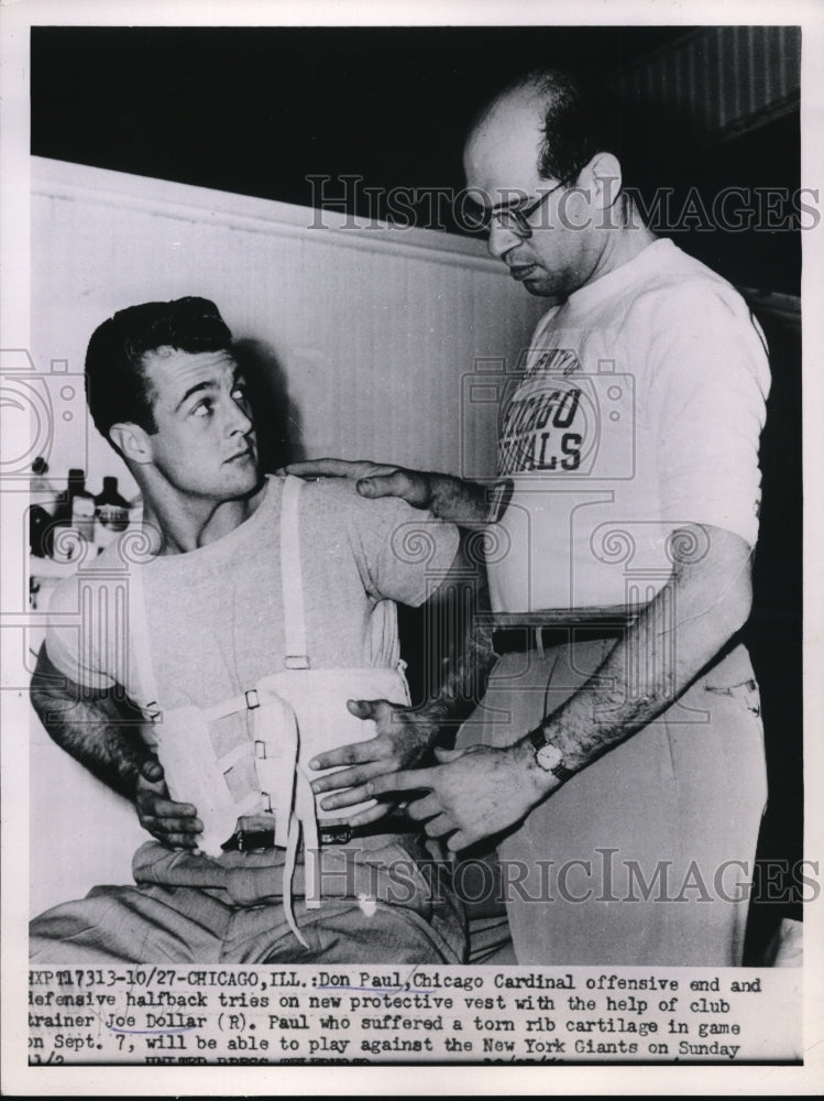 1953 Press Photo Don Paul Chicago Cardinal suffers torn rib cartilage. - Historic Images