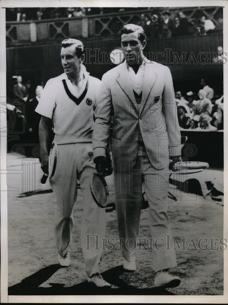 1934 Press Photo Fred Perry of U.K. & Frank Shields of US at Davis Cup match - Historic Images
