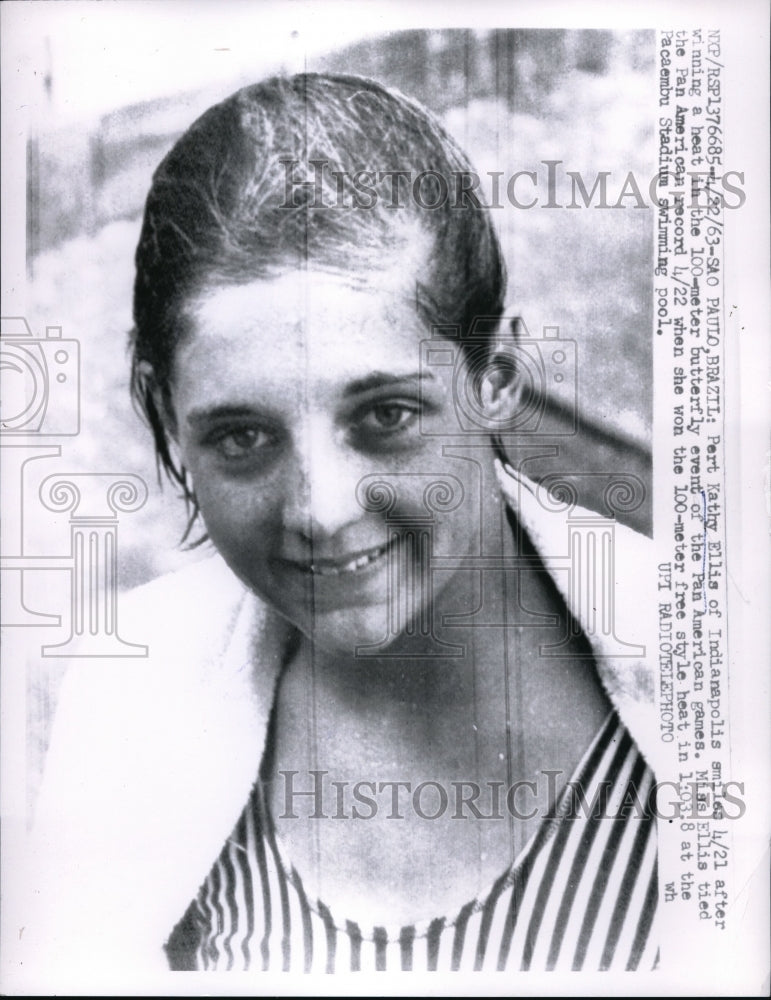 1963 Press Photo Kathy Ellis after winning heat in 100 meter. Sao Paulo, Brazil - Historic Images