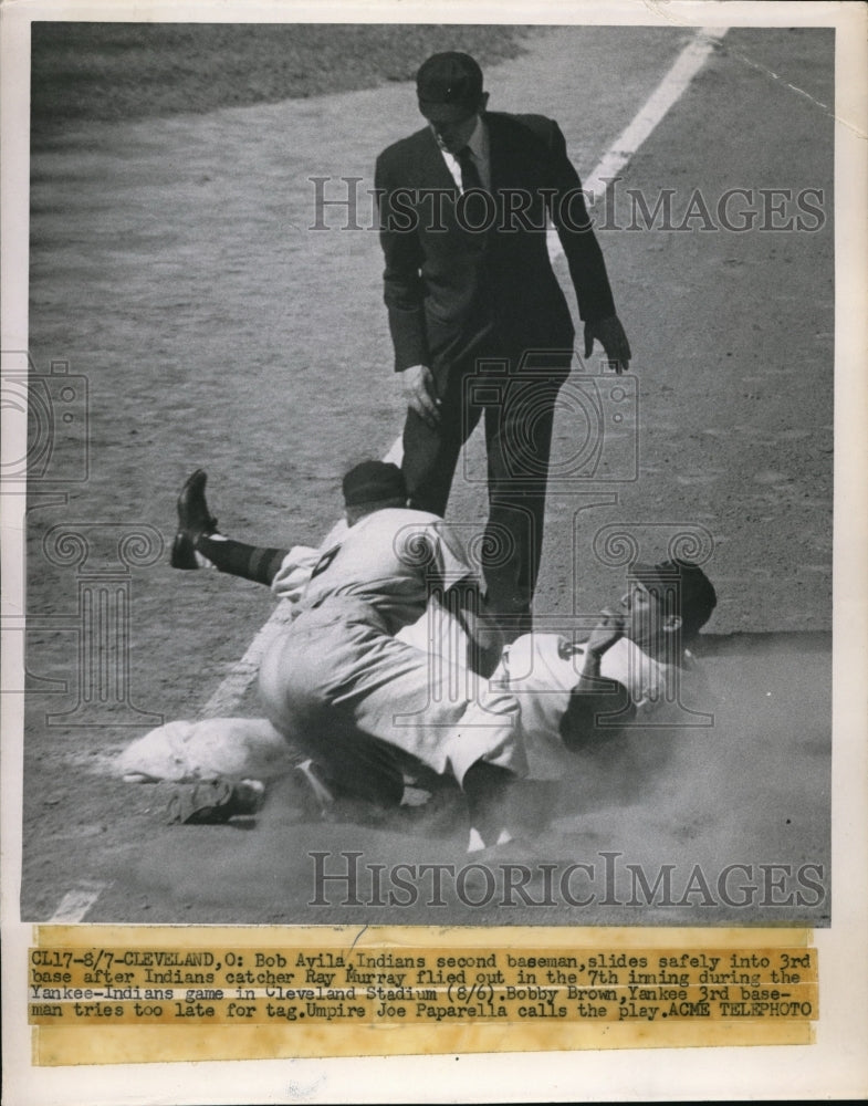 1951 Press Photo Bob Avila Indians safe/third,Yankees Bobby Brown tags him - Historic Images