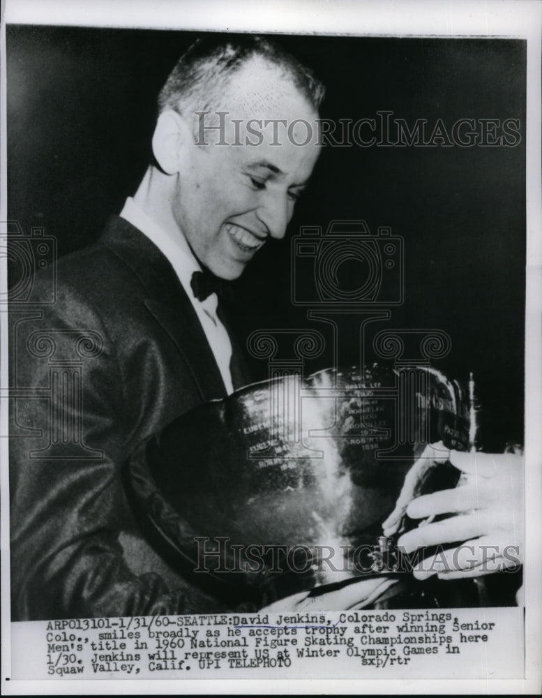 1960 Press Photo David Jenkins accepts trophy for winning seniors men title. - Historic Images