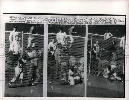 1960 Press Photo Chicago Cub L Johnson misses Giants' Willie Mays fly to right - Historic Images