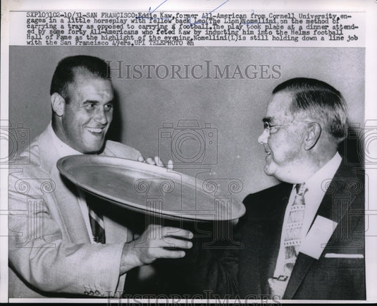 1958 Press Photo Eddie Kaw, Leo the Lion Nomellini Inducted Helms Football Hall - Historic Images