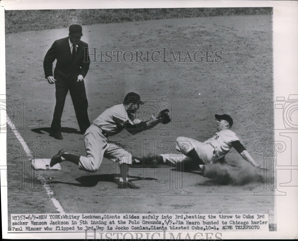 1951 Press Photo Cubs Ransom Jackson vs Giants Whitey Lockman slide to 3rd - Historic Images