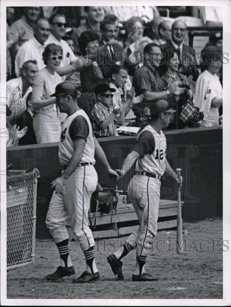 1963 Press Photo Joe Adcock of Cleveland Indians comes after slamming homerun. - Historic Images