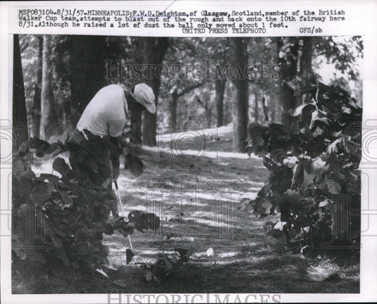 1957 Press Photo F.W.G. Deighton, member of the British Walker Cup team hits the - Historic Images