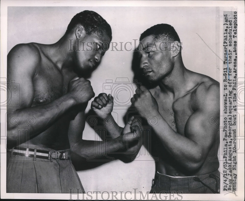 1951 Press Photo Gil Turner and Beau Jack squaring off - nes16338 - Historic Images