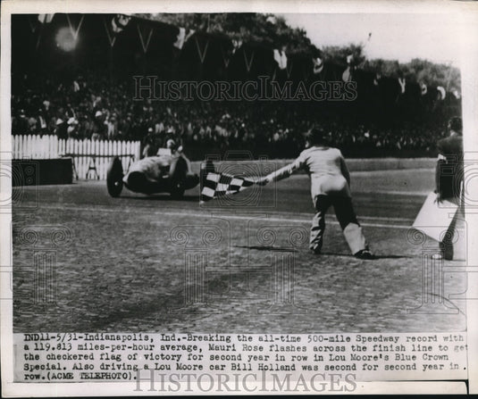 1948 Press Photo Mauri Rose flashes across the finish line in Lou Moore's Blue - Historic Images