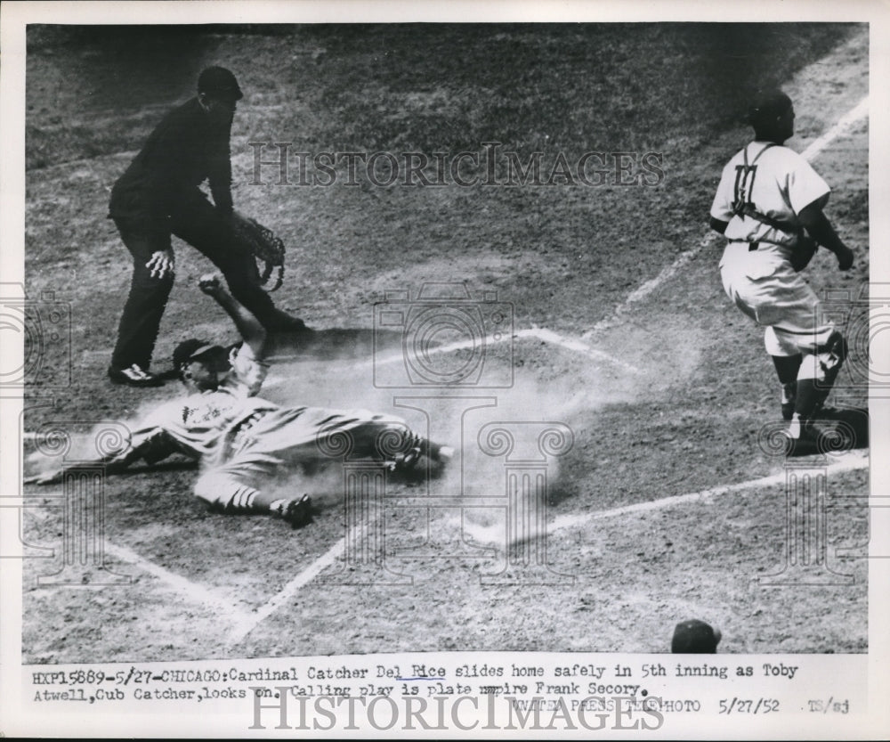 1952 Press Photo Cardinal Del Rice Slide Safely as Cub's Toby Atwell Looks On - Historic Images