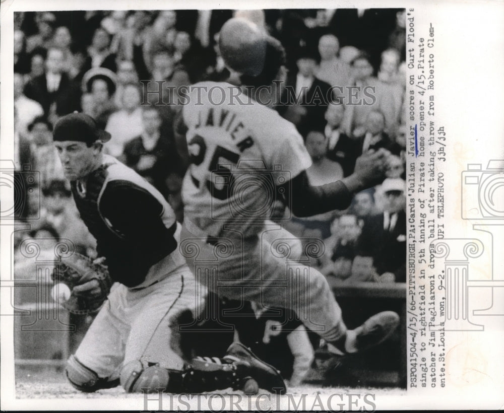 1966 Press Photo Cardinals Julian Javier Scores, Pirates Catcher Jim Pagliaroni - Historic Images