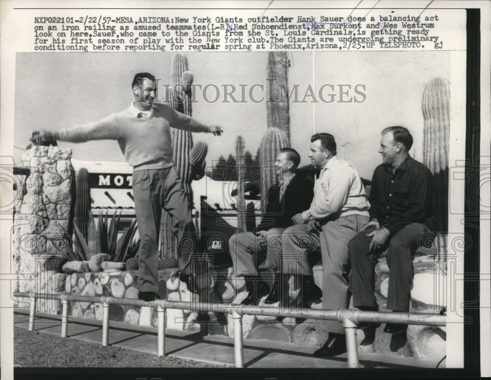 1957 Press Photo Mesa, Ariz NY Giants Hank Sauer, Red Schoendienst, Max Surkont - Historic Images