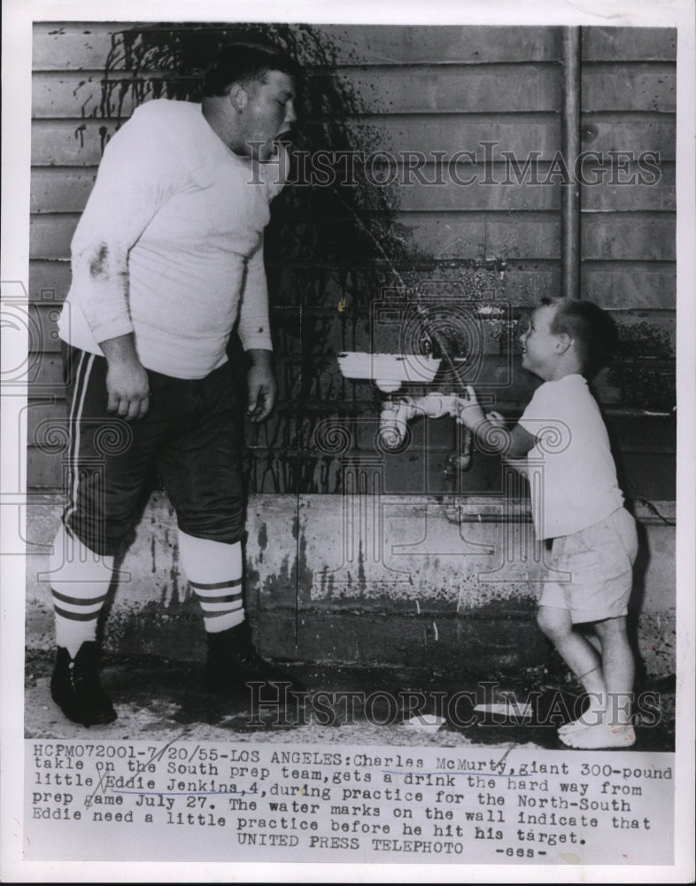 1955 Press Photo La, Calif Charles McMurty &amp; Ed Jenkins at practice for football - Historic Images