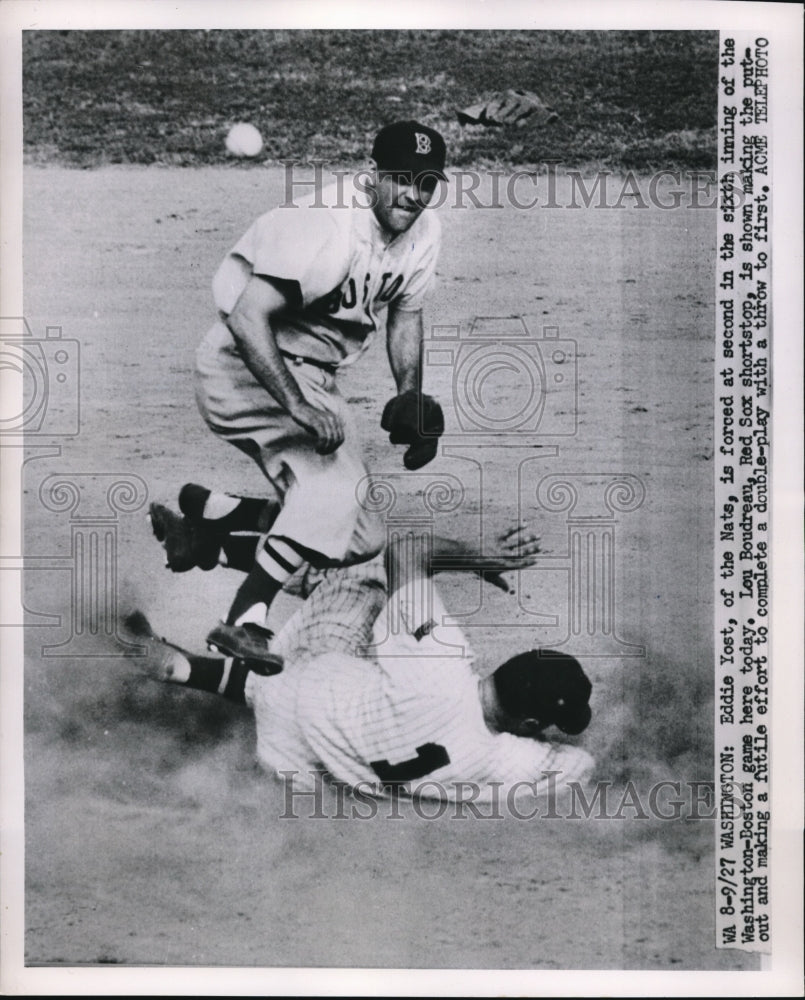1951 Press Photo Eddie Yost of the Nats out at 2nd vs Red Sox Lou Boudreau - Historic Images