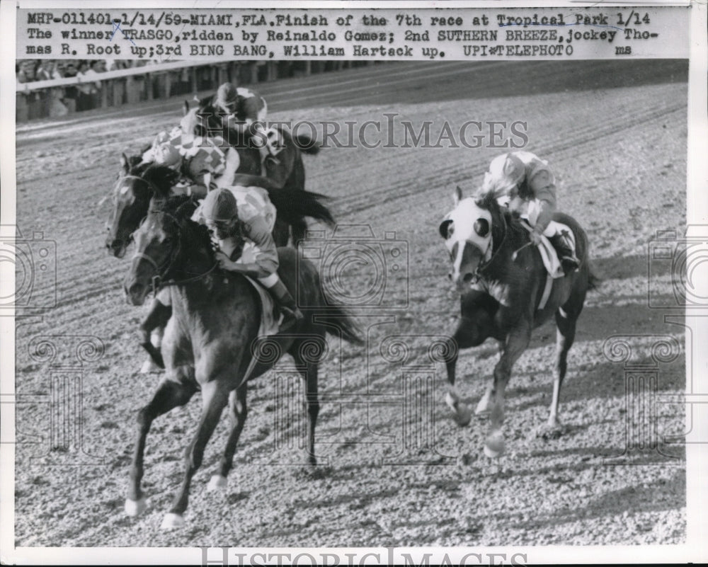 1959 Press Photo Tropical Pak, Fla R Gomez on Trasgo wins vs Suthern Breeze - Historic Images