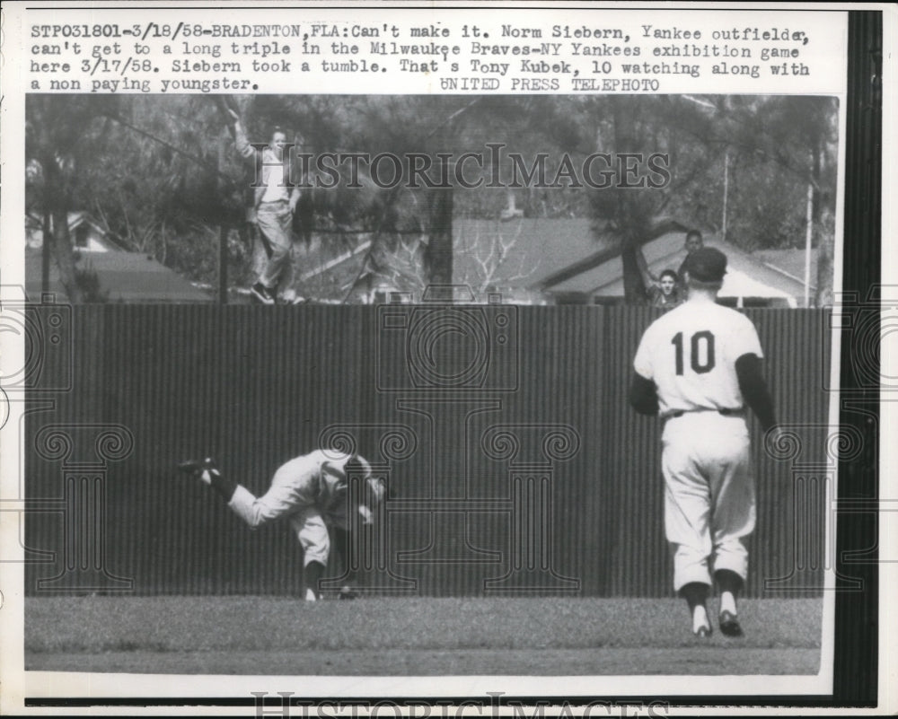 1958 Press Photo Norm Siebern Yankee vs Braves at exhibition game in Fla - Historic Images