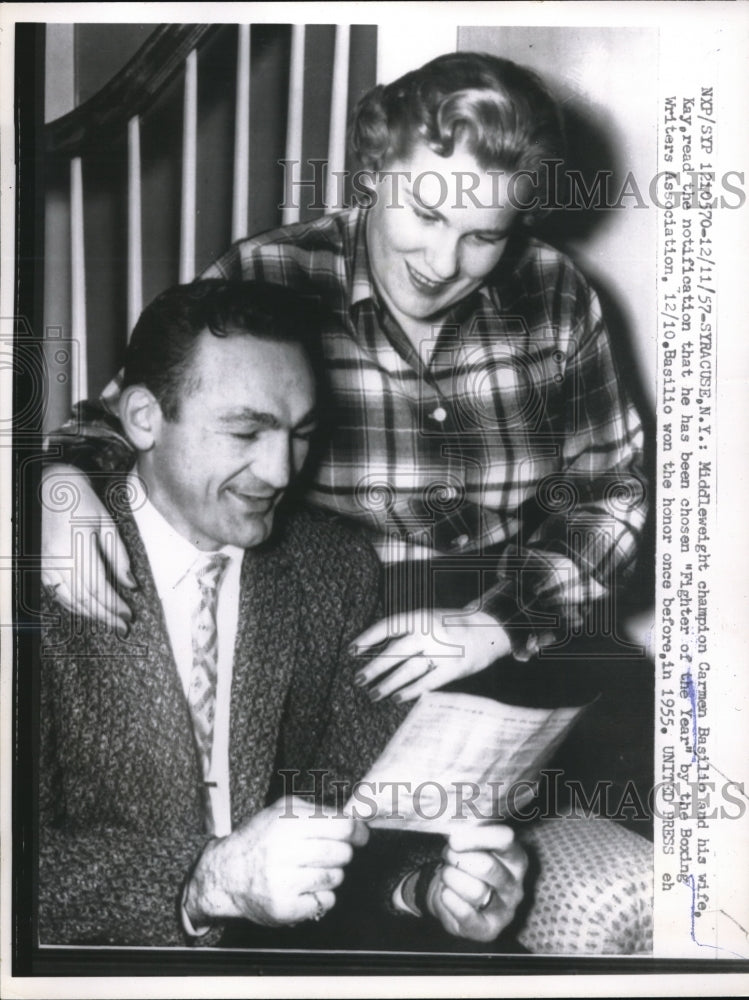 1957 Press Photo Syracuse NY Champ Carmen Basilip &amp; his wife - nes17499 - Historic Images