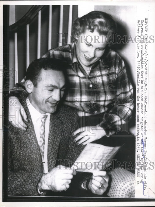 1957 Press Photo Syracuse NY Champ Carmen Basilip & his wife - nes17499 - Historic Images