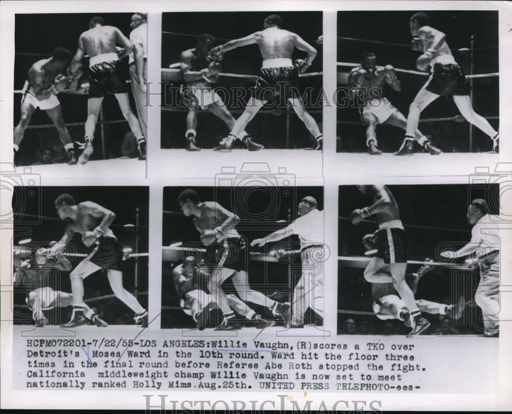 1955 Press Photo La, Calif Willie Vaughn TKO vs Moses Ward in round 10 - Historic Images