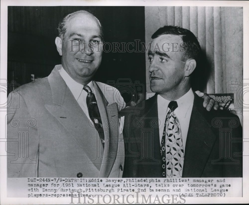 1951 Press Photo Detroit Eddie Sawyer Phillies mgr &amp; Dan Murtaugh of Pirates - Historic Images