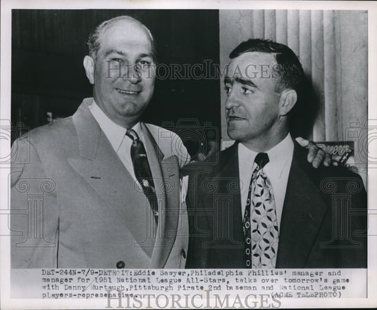 1951 Press Photo Detroit Eddie Sawyer Phillies mgr & Dan Murtaugh of Pirates - Historic Images