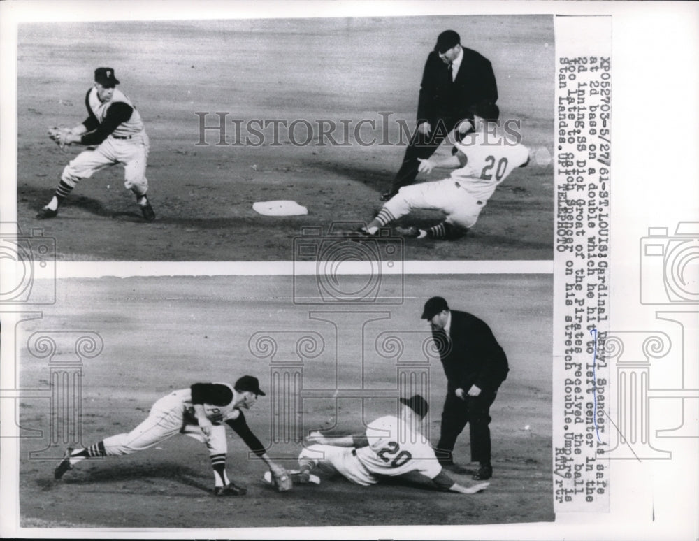 1961 Press Photo Cardianl Daryl Spencer safe at 2nd vs Pirates Dick Groat - Historic Images