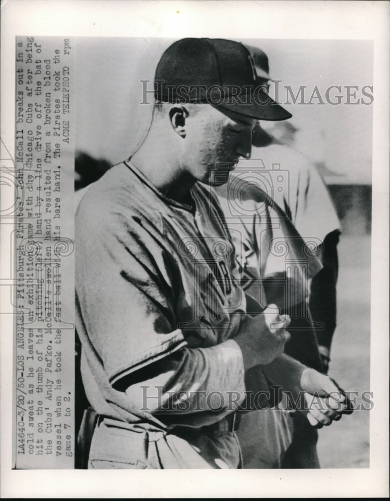 1950 Press Photo LA, Calif Pirates John McCall hit by ball of Cubs in game - Historic Images