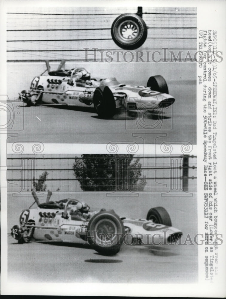 1965 Press Photo Bud Tingelstad loses wheel on car at Indy 500 - nes18854 - Historic Images