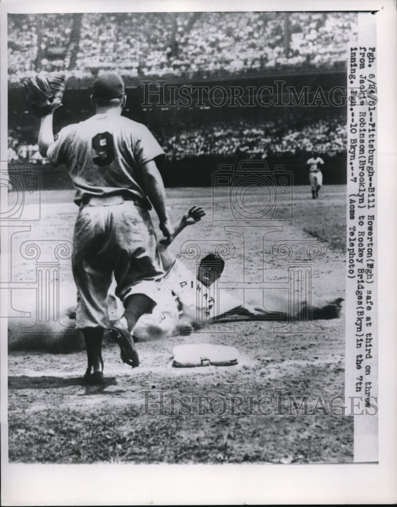 1951 Press Photo Bill Howerton safe at 3rd vs Rocky Bridges of Dodgers - Historic Images