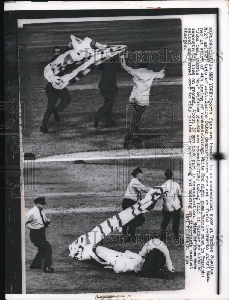 1960 Press Photo Anti Castro demonstrator at Yankee vs White Sox game - Historic Images