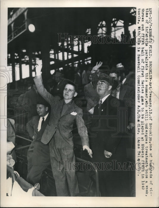 1949 Press Photo ASweeney infantile paralysis victim & baseball Comm AB Chandler - Historic Images