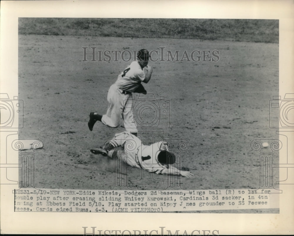 1948 Press Photo NYC Eddie Miksis of Dodgers vs Cardinals Whitey Kurowski