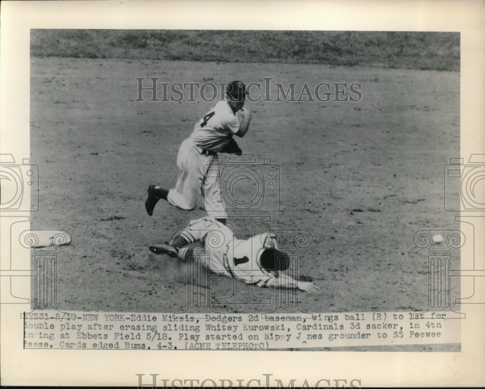 1948 Press Photo NYC Eddie Miksis of Dodgers vs Cardinals Whitey Kurowski - Historic Images