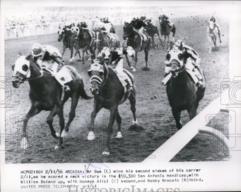 1956 Press Photo Arcadia Calif Mr Gus wins stakes race in San Antonio stakes - Historic Images