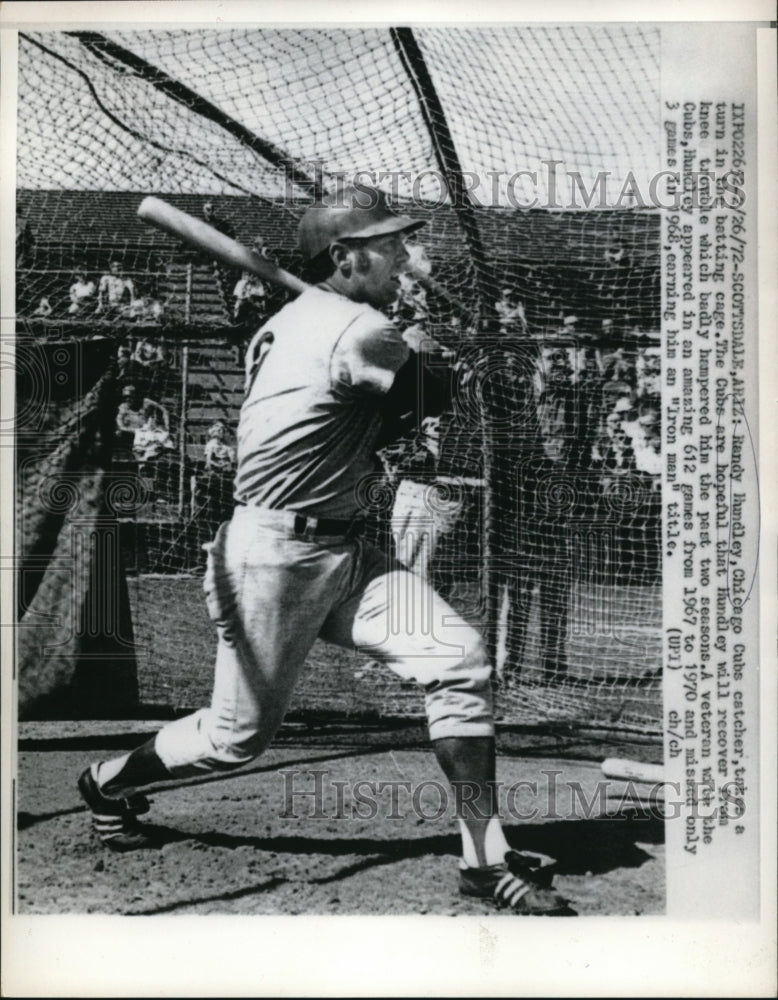 1972 Press Photo Scottsdale Ariz Randy Hundley Chicago Cubs catcher at bat - Historic Images