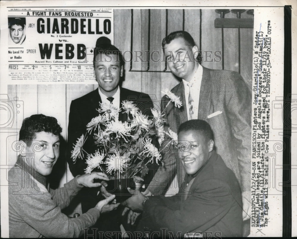 1958 Press Photo San Francisco Joey Giardello, Spider Webb &amp; Dodger G Cimoli - Historic Images