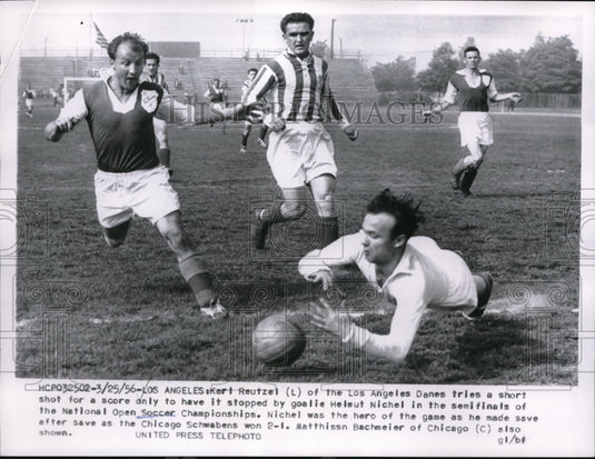 1956 Press Photo LA Calif Karl Reutzel of the Danes vs H Nichel of Schwabens - Historic Images