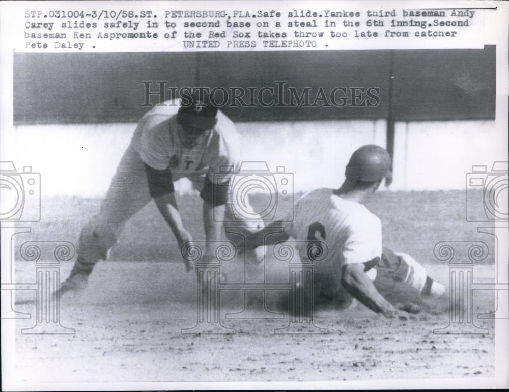 1958 Press Photo St Petersburg Fla Yankee Andy Carey slide to 2nd vs Red Sox - Historic Images