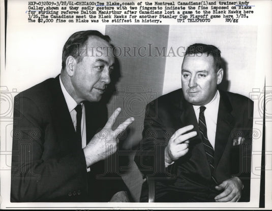 1961 Press Photo Chicago Toe Blake Canadiens & trainer Andy Galley - Historic Images