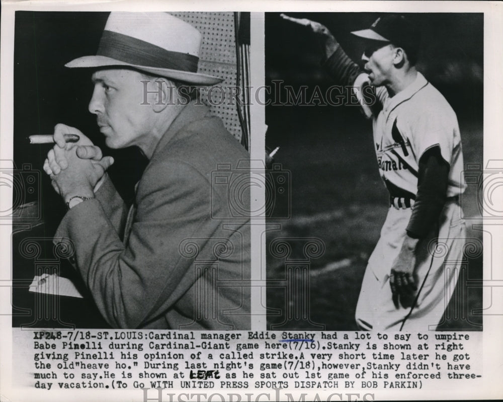 1952 Press Photo St Louis Mo Cardinals Mgr Ed Stanky at game &amp; as fired - Historic Images