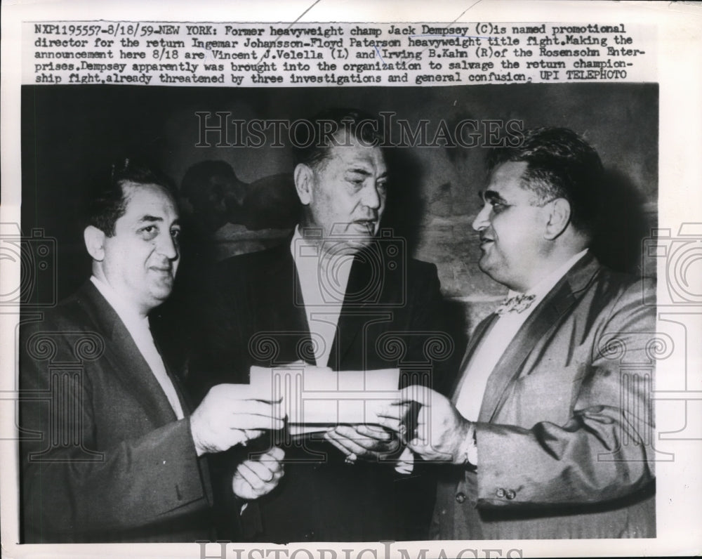 1959 Press Photo NYC Ex champ Jack Dempsey, Vincent Velella, Irving Kahn - Historic Images