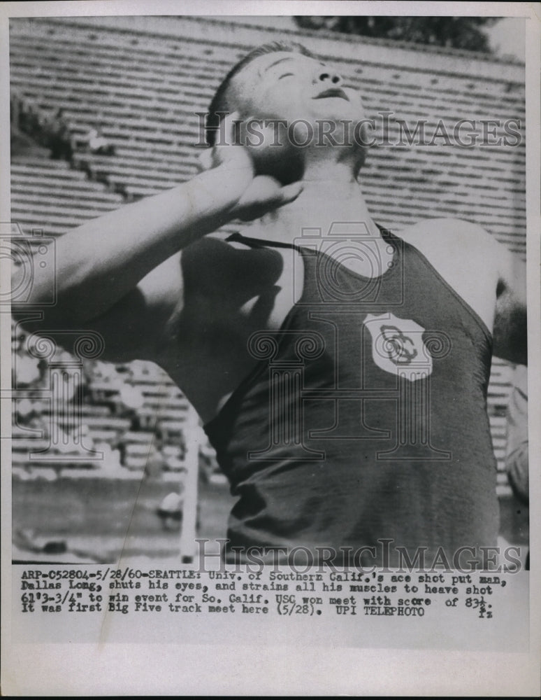 1960 Press Photo Seattle Wash Dallas Long at the shot put at track meet - Historic Images